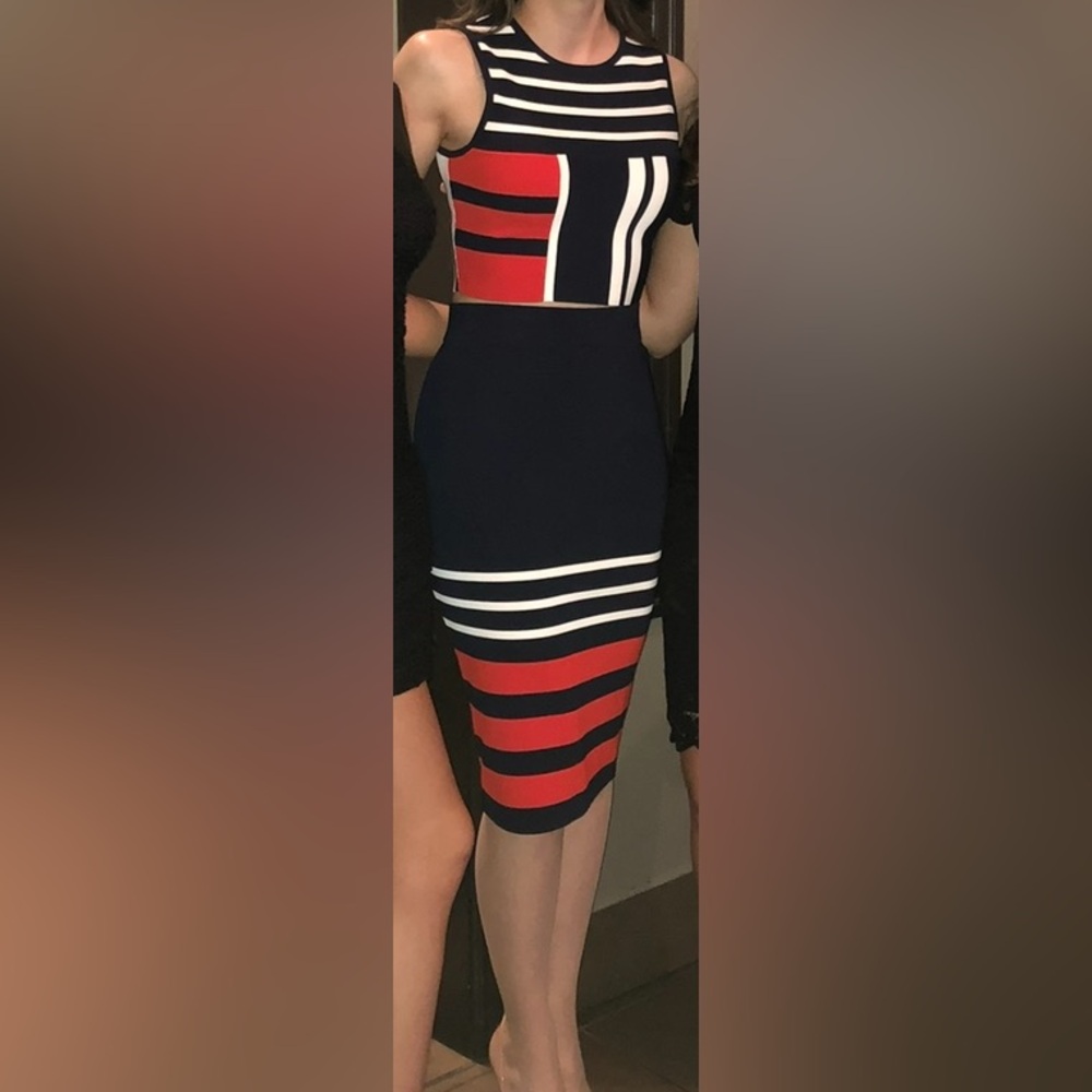 Ever New Navy Blue and White Stripe Crop Tank Top with Matching Pencil Skirt